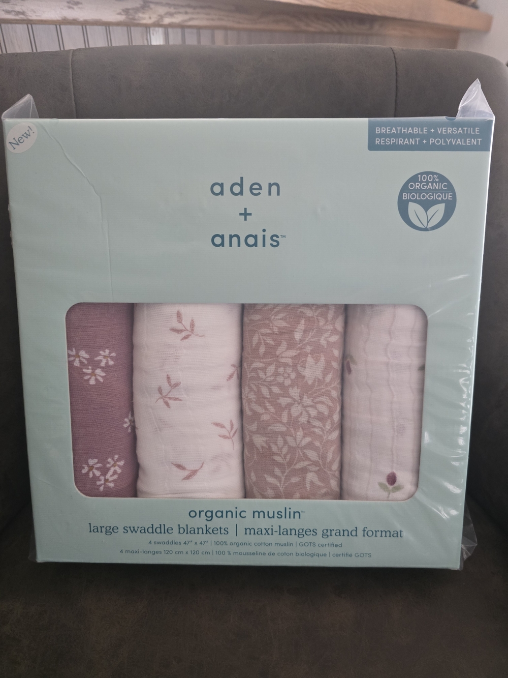 NIB aden + anais Organic Muslin Swaddle Set - Mauve Floral and Blush Prints